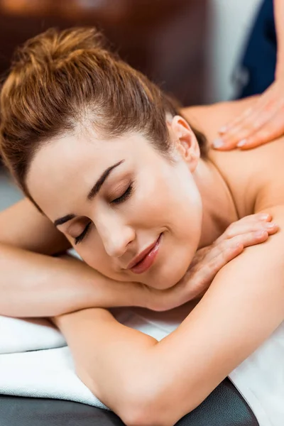 Happy Young Woman Closed Eyes Enjoying Massage Spa Salon — Stock Photo, Image