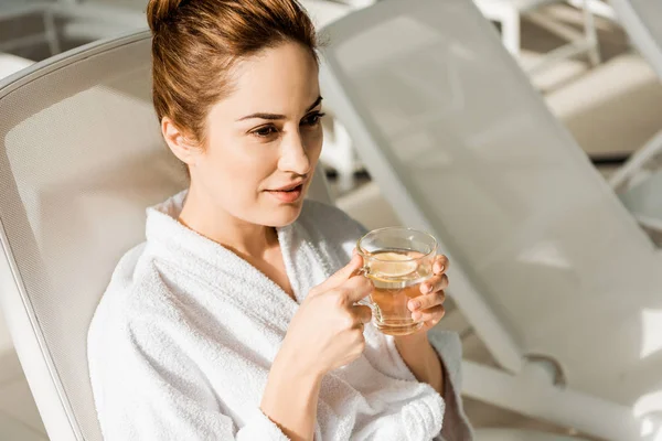 High Angle View Young Woman Holding Cup Herbal Drink Looking — Stock Photo, Image