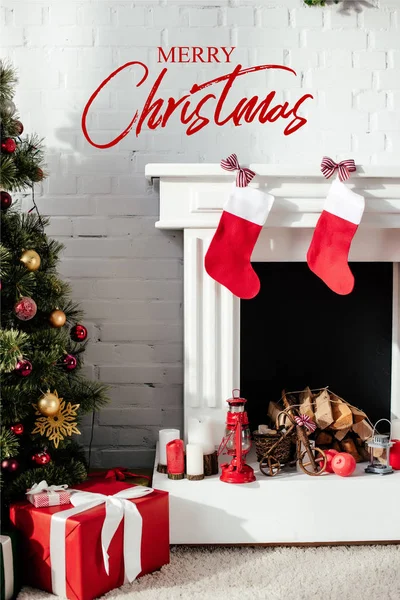 Christmas Tree Bubbles Gift Boxes Fireplace Christmas Stockings Home Merry — Stock Photo, Image
