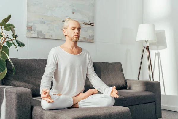 Homem Adulto Com Olhos Fechados Meditando Posição Lótus Sofá Casa — Fotografia de Stock Grátis