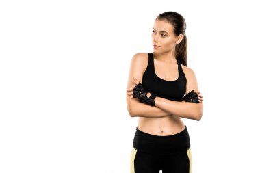 beyaz izole güzel sporcumuz halter eldiven kollu geçti