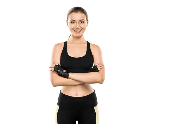 Smiling Sportswoman Weightlifting Gloves Arms Crossed Looking Camera Isolated White — Stock Photo, Image