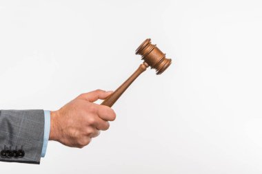 cropped shot of judge holding wooden hammer in hand isolated on white  clipart