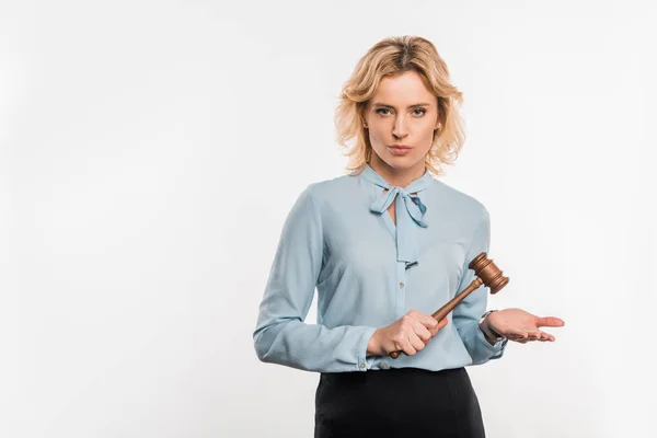Serious Female Judge Holding Wooden Hammer Looking Camera Isolated White — Stock Photo, Image