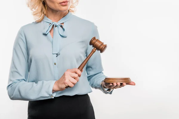 Cropped Shot Female Judge Holding Hammer Isolated White — Stock Photo, Image