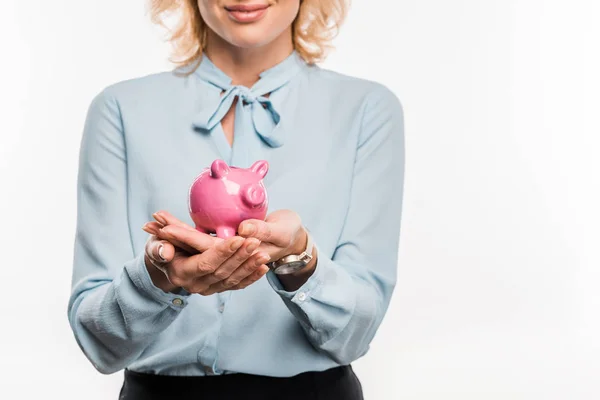 Cropped Shot Smiling Businesswoman Holding Pink Piggy Bank Isolated White — Free Stock Photo