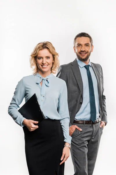 Hombre Negocios Mujer Negocios Ropa Formal Pie Juntos Sonriendo Cámara — Foto de Stock