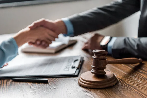 Close View Wooden Hammer Lawyer Client Shaking Hands Stock Image