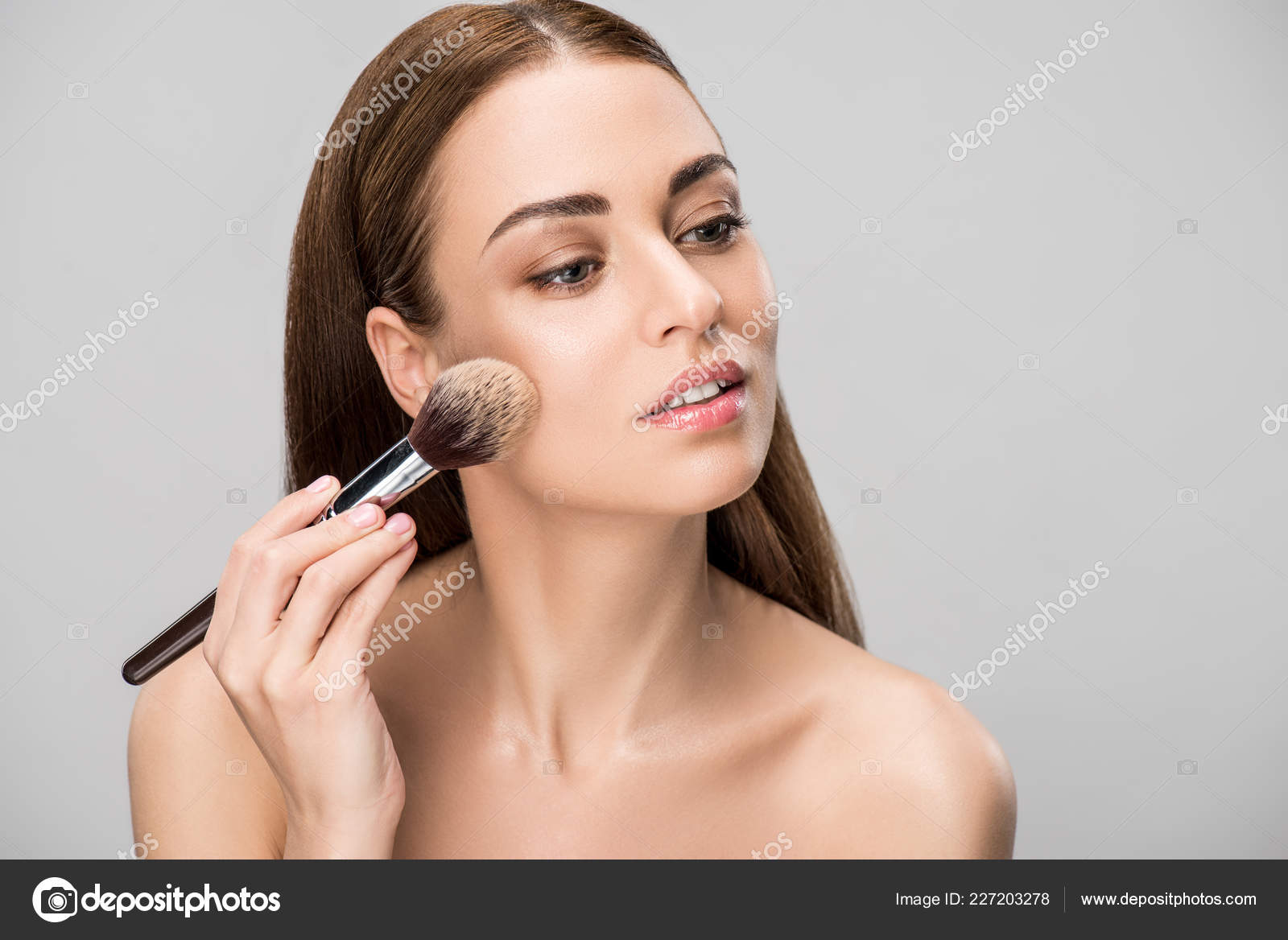 Beautiful Girl Applying Face Powder Cosmetic Brush Isolated Grey