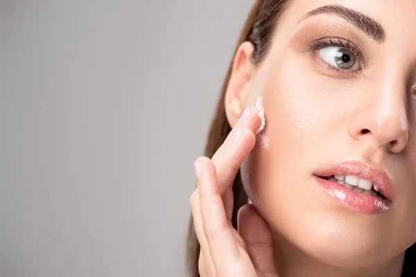 Beautiful Woman Applying Face Cream Perfect Skin Isolated Grey — Stock Photo, Image