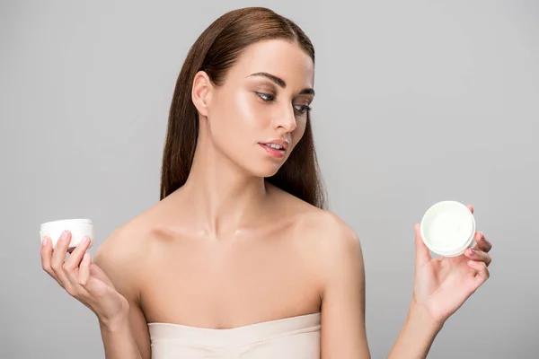 Attractive Girl Choosing Face Cream Isolated Grey — Stock Photo, Image
