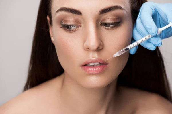 Doctor Making Beauty Injection Lips Attractive Girl Isolated Grey — Stock Photo, Image