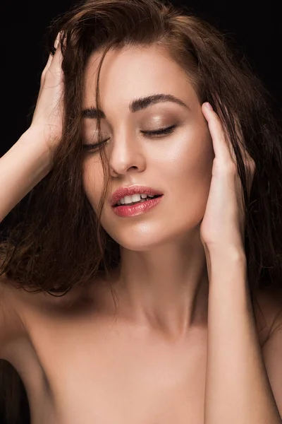 Retrato Bela Sensual Jovem Mulher Isolado Preto — Fotografia de Stock