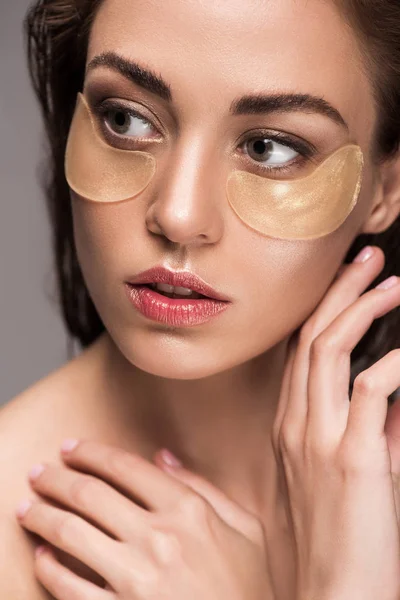 Beautiful Girl Golden Collagen Eye Patches Isolated Grey — Stock Photo, Image