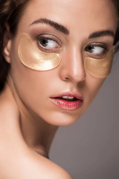 Beautiful Girl Golden Eye Patches Isolated Grey — Stock Photo, Image