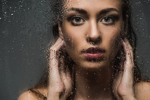 Beautiful Brunette Woman Wet Glass Drops — Stock Photo, Image