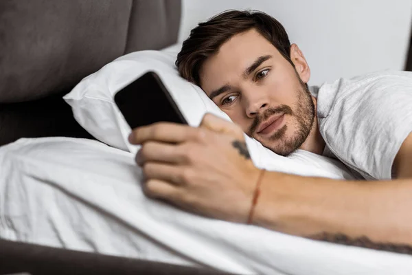 Stilig Skäggig Ung Man Ligger Sängen Och Med Smartphone — Gratis stockfoto