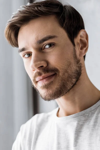 Close Portrait Handsome Bearded Young Man Looking Camera — Stock Photo, Image