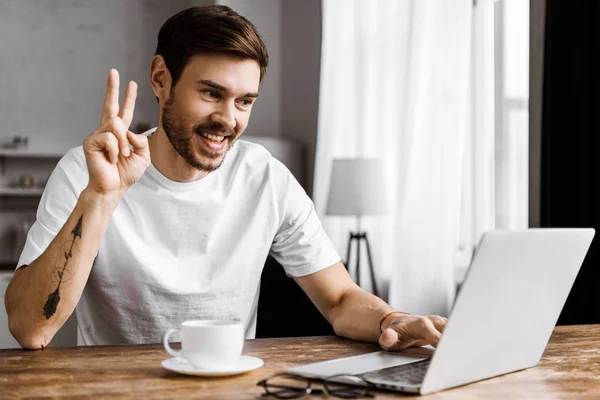 Handsome Young Man Coffee Making Video Call Laptop Making Peace — Stock Photo, Image