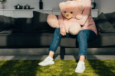 kısmi görünümü ile pembe bir oyuncak ayı evde oturma odasında kanepede oturan kadın