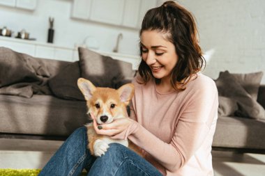 çekici gülümseyen kadın sevimli Galce corgi pembroke evde sevişme