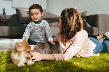 Anne ve oğlu köpek ve kedi evde oturma odasında katta döşeme