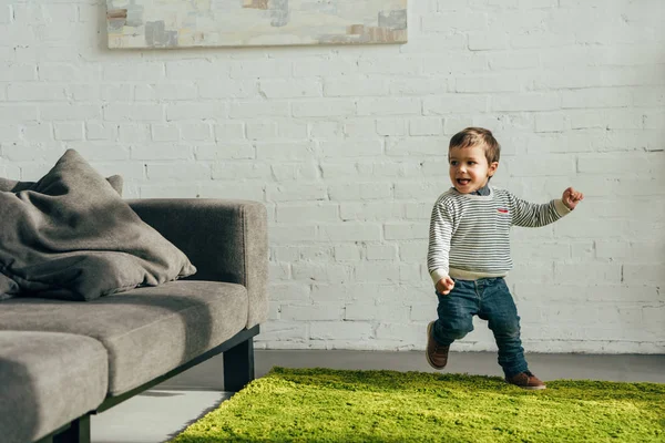 Happy Little Boy Running Living Room Home — Stock Photo, Image