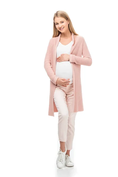 Full Length Pregnant Woman Pink Cardigan Touching Belly Isolated White — Stock Photo, Image