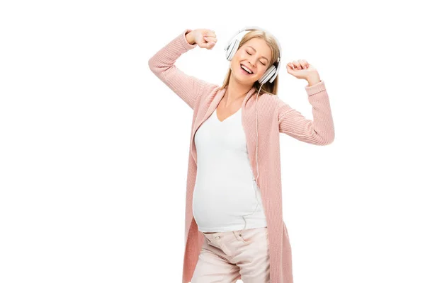 Pregnant Woman Dancing Headphones Isolated White — Stock Photo, Image