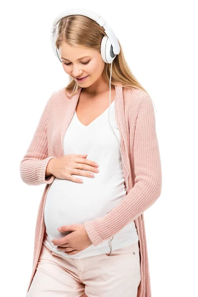 Lachende Zwangere Vrouw Aanraken Van Buik Het Luisteren Van Muziek — Stockfoto