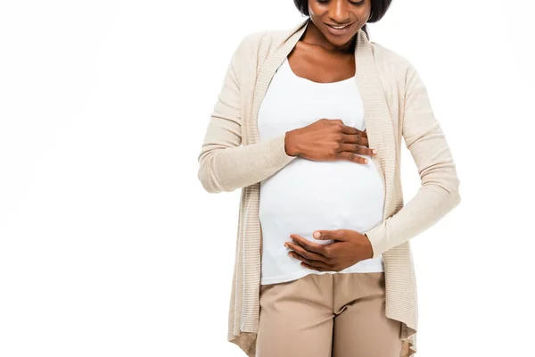 Embarazada Africano Americano Mujer Tocando Vientre Aislado Blanco — Foto de stock gratuita