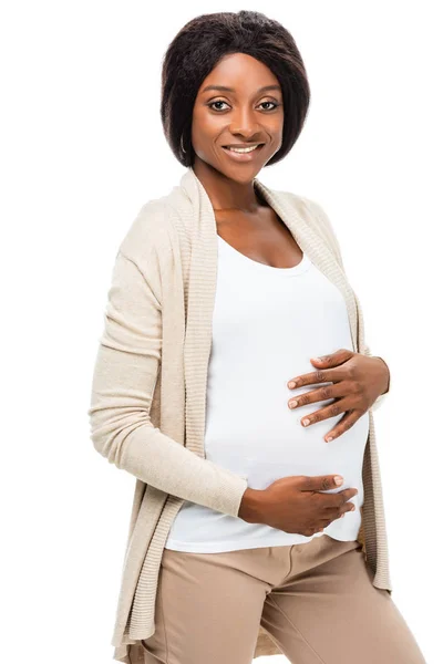 Grávida Afro Americana Tocando Barriga Com Ambas Mãos Isoladas Branco — Fotografia de Stock