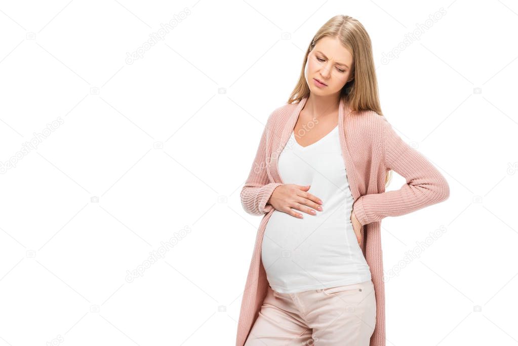 tired pregnant woman holding belly isolated on white