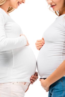 cropped view of smiling pregnant women standing close to each other isolated on white  clipart