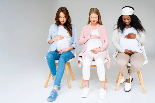 Multiracial Pregnant Women Looking Touching Bellies — Stock Photo, Image