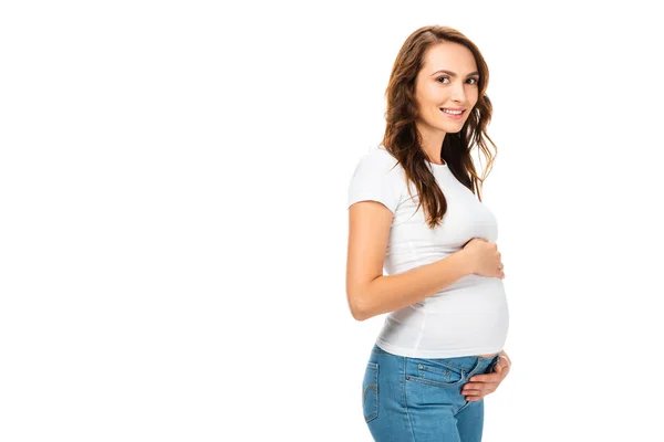 Beautiful Smiling Pregnant Woman Touching Belly Both Hands Isolated White — Stock Photo, Image