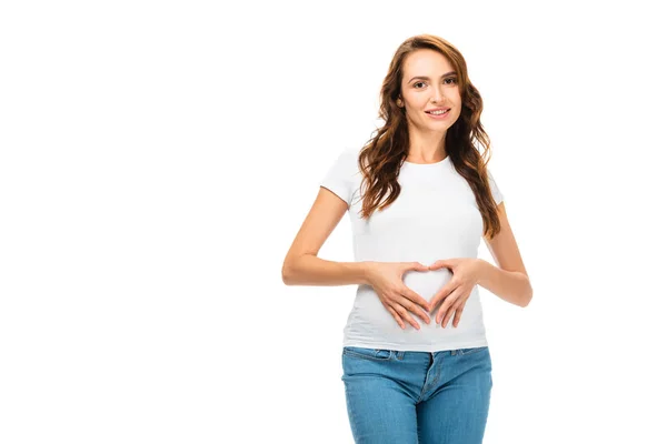 Vackra Leende Gravid Kvinna Visar Hjärtat Tecken Isolerad Vit — Stockfoto