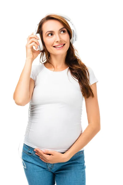 Bela Mulher Grávida Ouvindo Música Usando Fones Ouvido Olhando Para — Fotografia de Stock