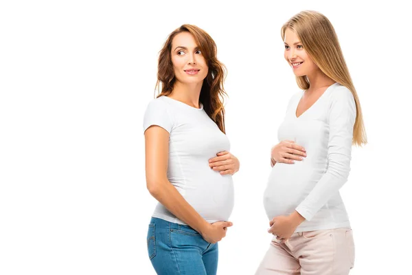 Dvě Krásné Šťastné Radostné Těhotné Ženy Představují Izolované Bílém — Stock fotografie