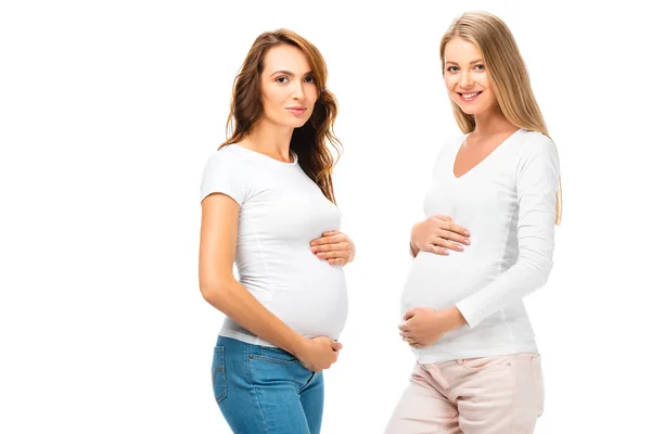 Vackra Gravid Kvinnor Tittar Kameran Isolerad Vit — Stockfoto