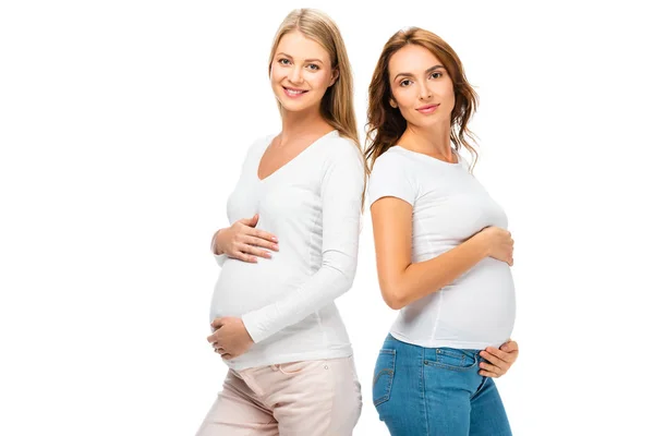 Mutlu Güzel Hamile Kadınlar Üzerinde Beyaz Izole Kamera Bakıyor — Stok fotoğraf