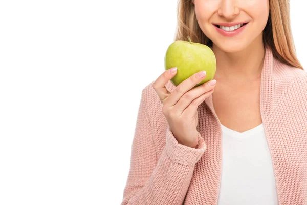 Gyönyörű Mosolyogva Gazdaság Elszigetelt Fehér Apple Levágott Megtekintése — Stock Fotó