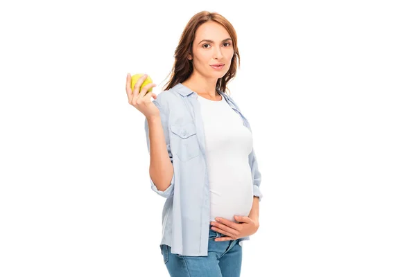 Yeşil Elma Üzerine Beyaz Izole Tutan Güzel Sağlıklı Hamile Kadın — Stok fotoğraf