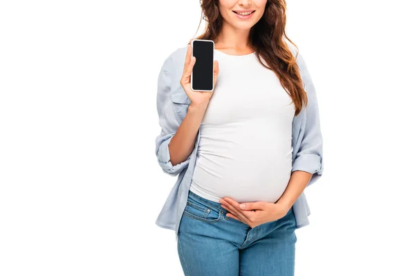 Vista Cortada Mulher Grávida Mostrando Smartphone Com Tela Branco Isolado — Fotografia de Stock Grátis