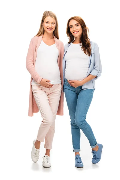 Dvě Těhotné Ženy Který Stál Usmíval Izolované Bílém — Stock fotografie