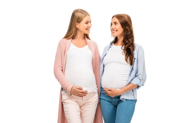 Twee Volwassen Zwangeren Glimlachen Elkaar Geïsoleerd Wit — Stockfoto