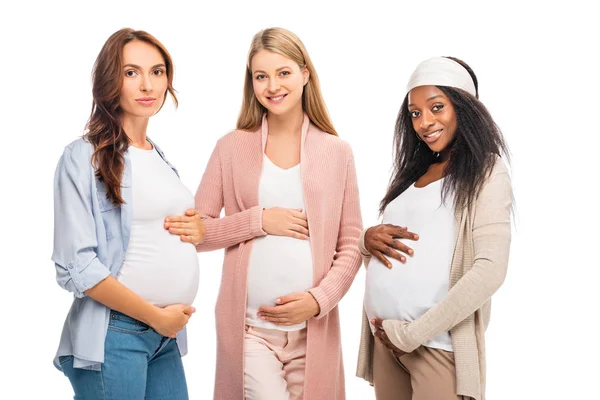 Multietniskt Gravida Kvinnor Står Tillsammans Isolerade Vit — Stockfoto