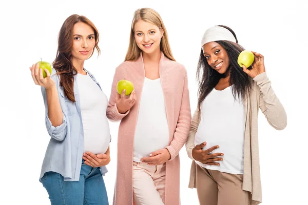 Lächelnde Schwangere Mit Früchten Den Händen Isoliert Auf Weißem Grund — Stockfoto