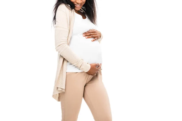 Vue Recadrée Femme Enceinte Afro Américaine Tenant Main Sur Ventre — Photo