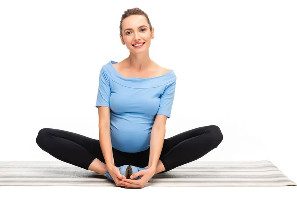 Pregnant Brown Haired Woman Sitting Lotus Pose Isolated White — Stock Photo, Image